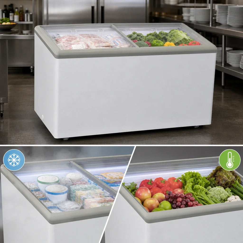 Excellence Commercial Products HB-17HCD Dual-Temperature Chest Refrigerator/Freezer, 16.5 Cu. Ft., 2 Sliding Glass Doors, White