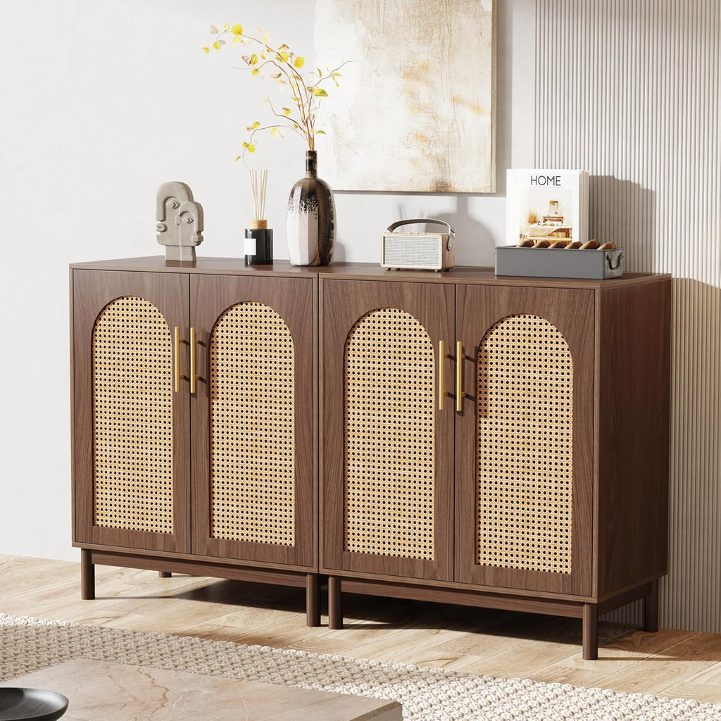 Rattan-Door Sideboard Buffet Cabinets – Set of 2