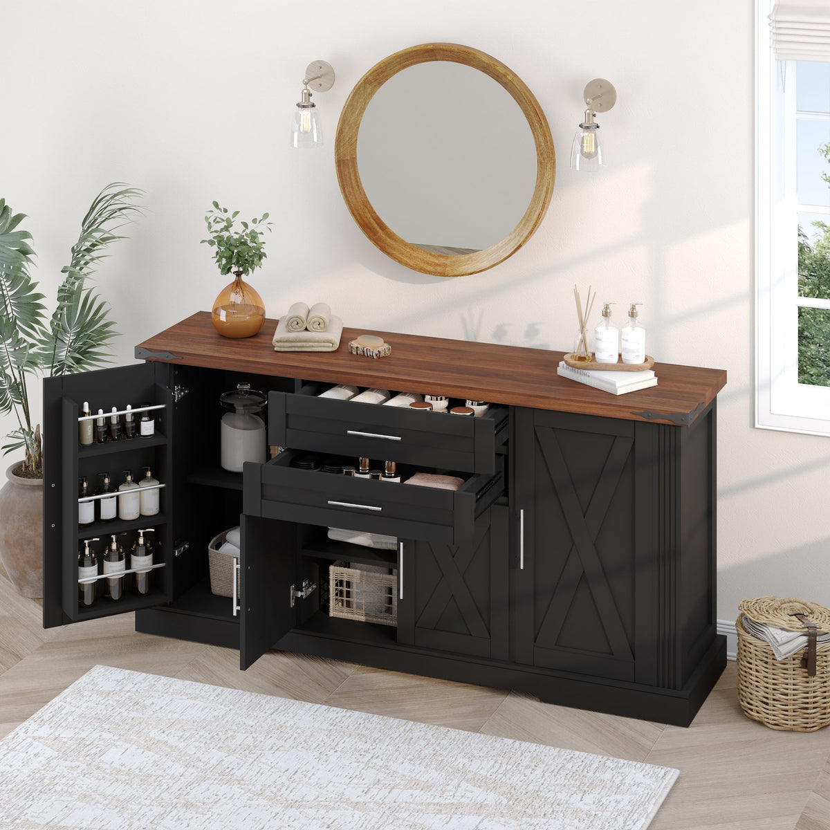 63-Inch Farmhouse Barn-Door Sideboard with Drawers