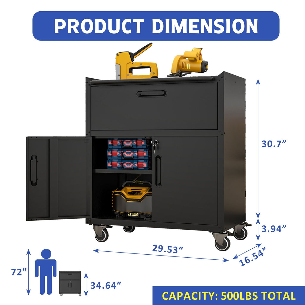 Mobile Metal Tool Cabinet with Locking Doors