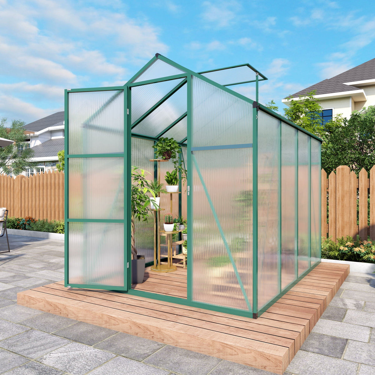 Walk-In Polycarbonate Greenhouse with Raised Base – Green