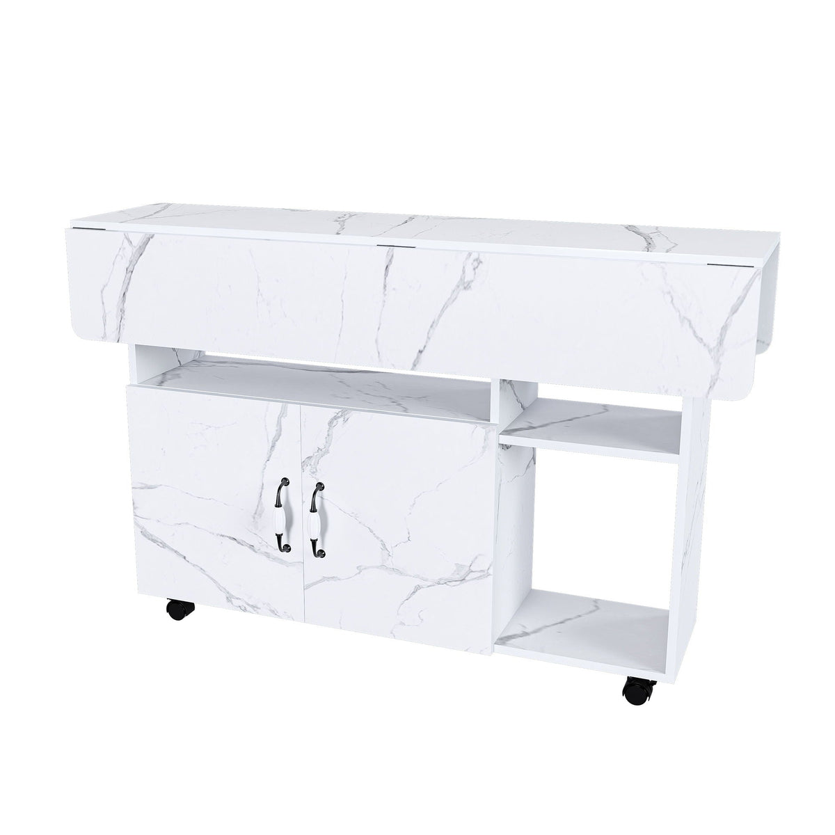 White Folding Kitchen Island with Storage Shelves and Wheels