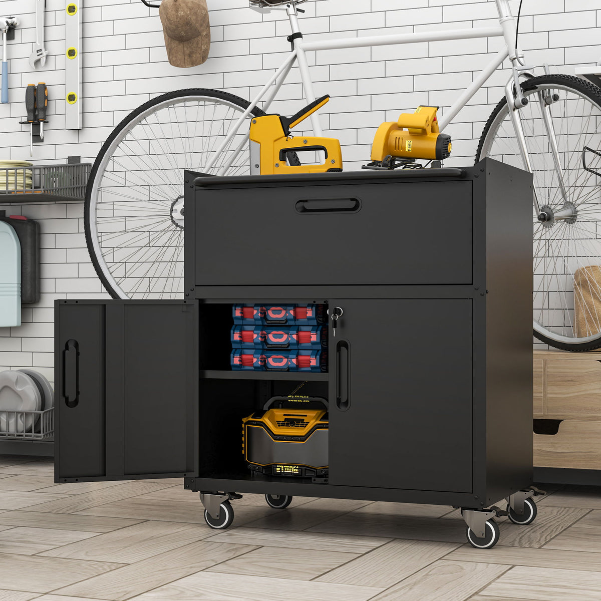 Mobile Metal Tool Cabinet with Locking Doors