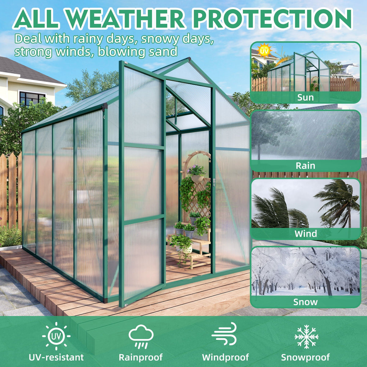 Walk-In Polycarbonate Greenhouse with Raised Base – Green