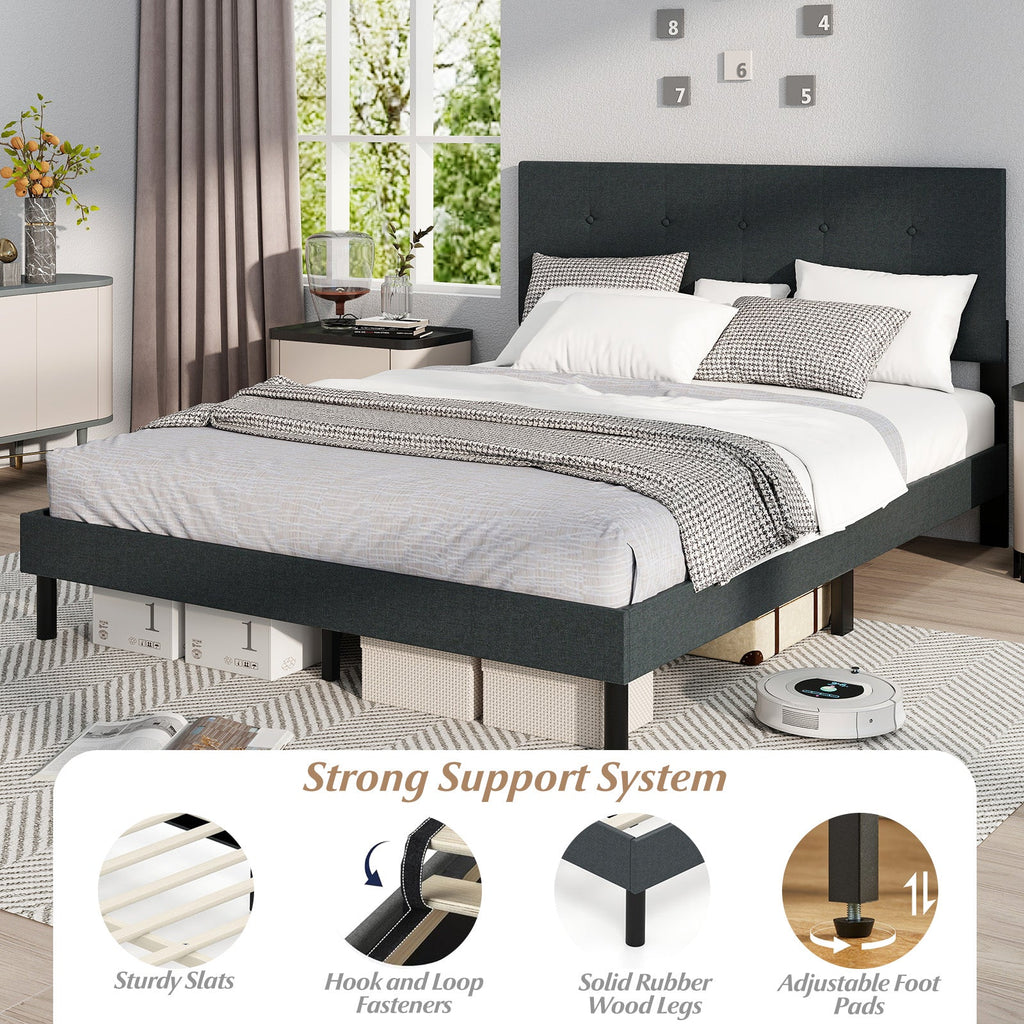 Queen Upholstered Linen Platform Bed – Dark Gray