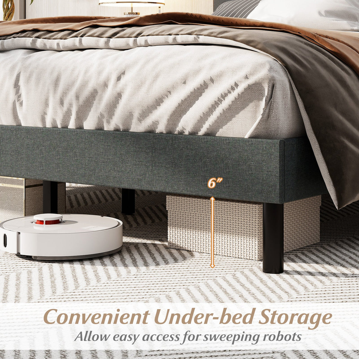 Queen Upholstered Linen Platform Bed – Dark Gray