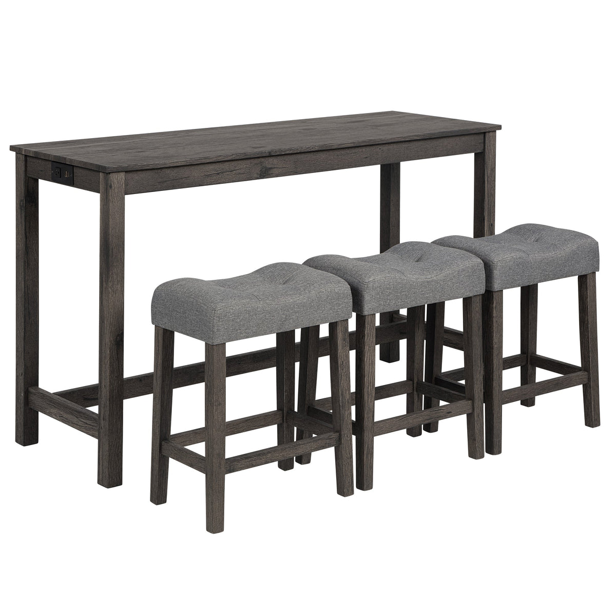 4-Piece Bar Table Set with Power Outlet & 3 Padded Stools – Dark Gray