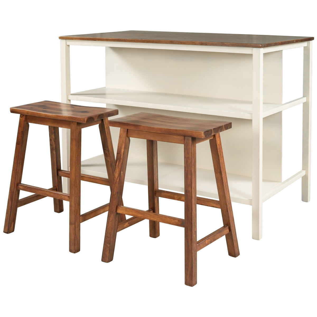 3-Piece Rustic Kitchen Island & Stool Set – Light Brown