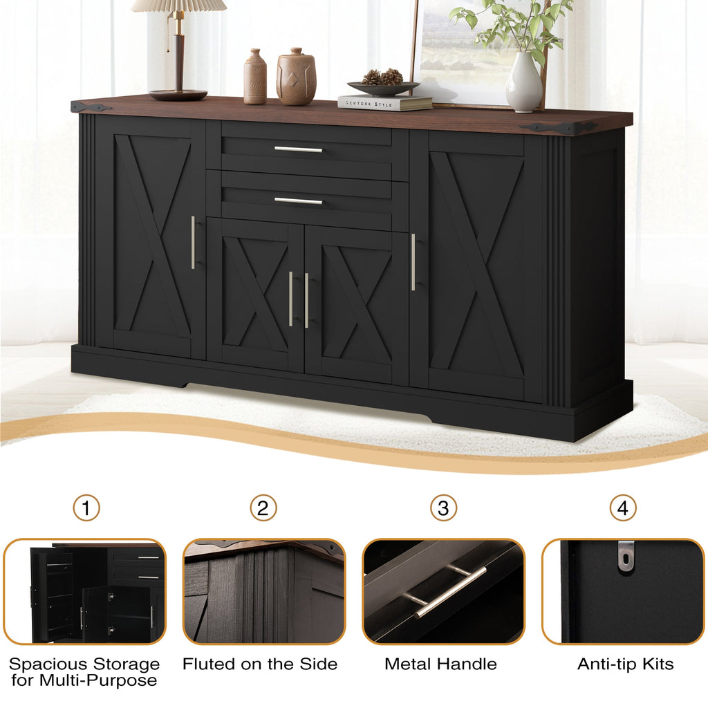 63-Inch Farmhouse Barn-Door Sideboard with Drawers