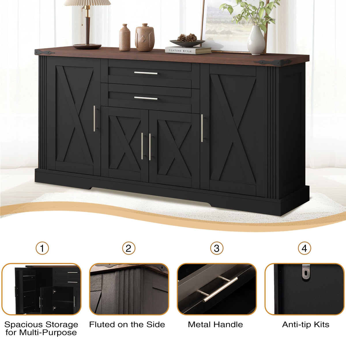 63-Inch Farmhouse Barn-Door Sideboard with Drawers