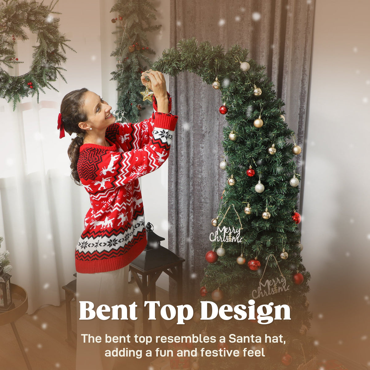 6 Ft Prelit Bent Top Christmas Tree with 200 LEDs - Slim, Whimsical Design