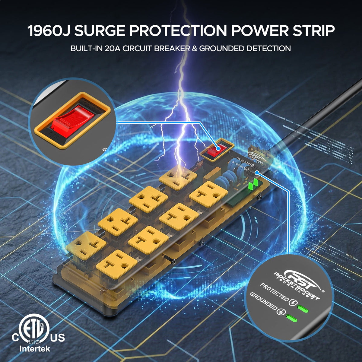 20A Heavy-Duty 8-Outlet Metal Power Strip