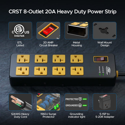 20A Heavy-Duty 8-Outlet Workshop Power Strip