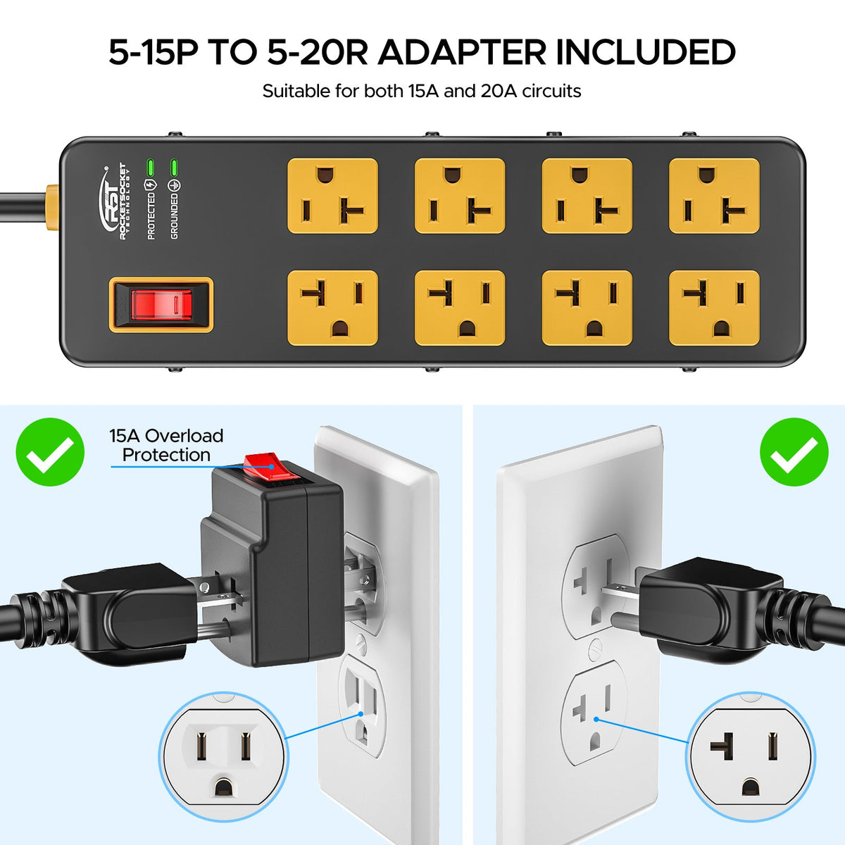 20A Heavy-Duty 8-Outlet Metal Power Strip