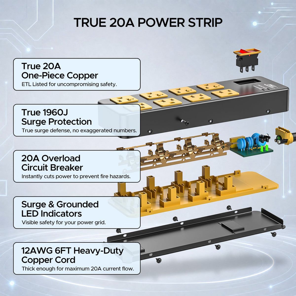 20A Heavy-Duty 8-Outlet Metal Power Strip