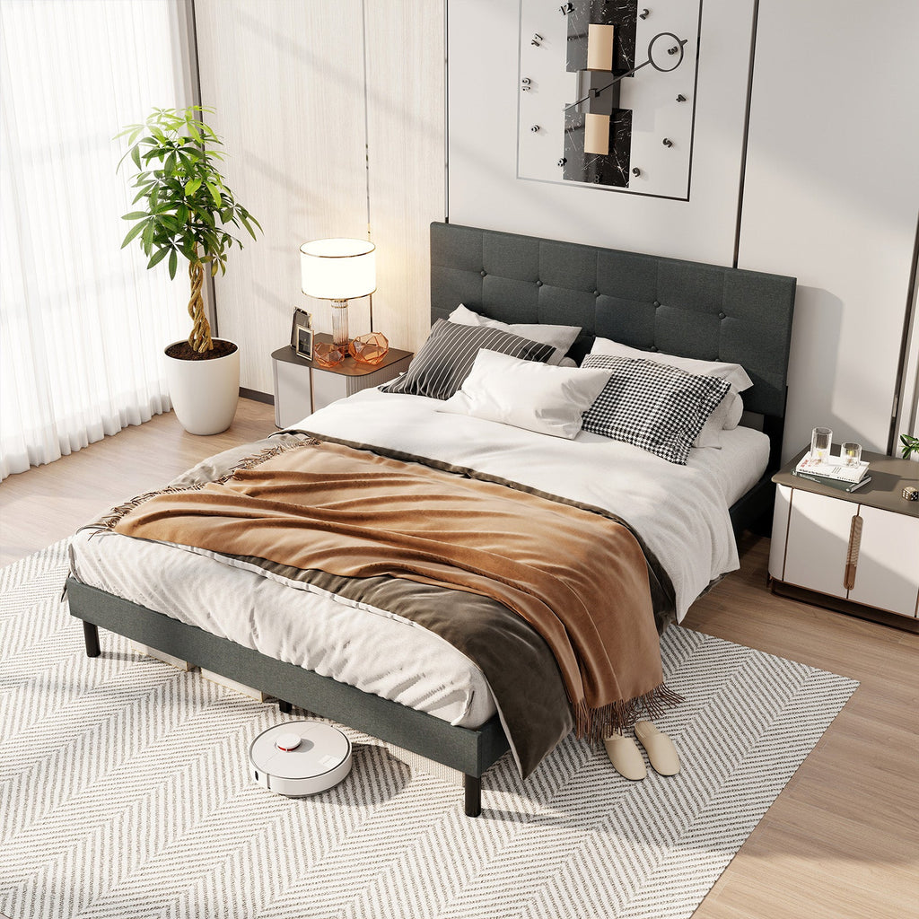 Queen Upholstered Linen Platform Bed – Dark Gray