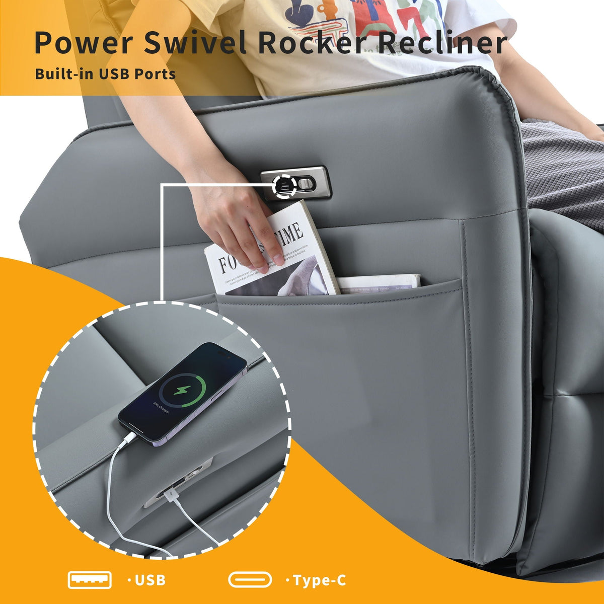 270° Power Swivel Rocker Glider Recliner with USB Ports – Black