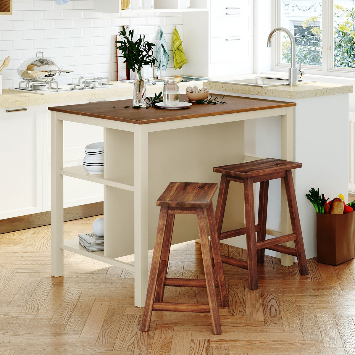 3-Piece Rustic Kitchen Island & Stool Set – Light Brown