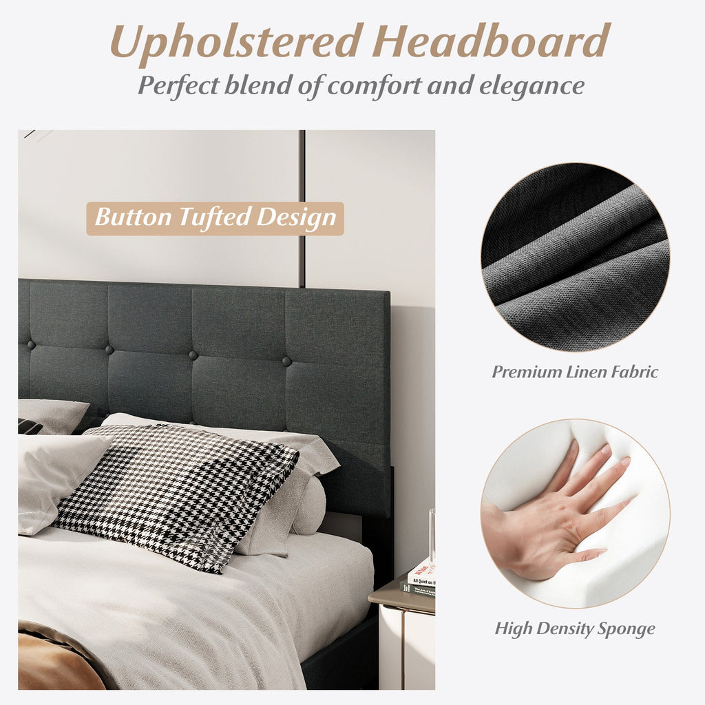 Queen Upholstered Linen Platform Bed – Dark Gray