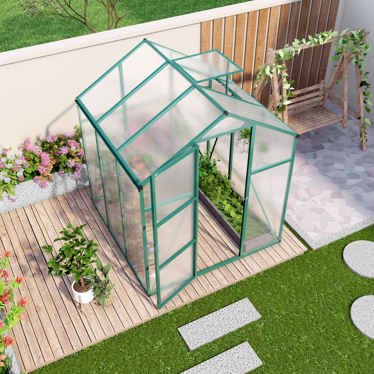 Walk-In Polycarbonate Greenhouse with Raised Base – Green