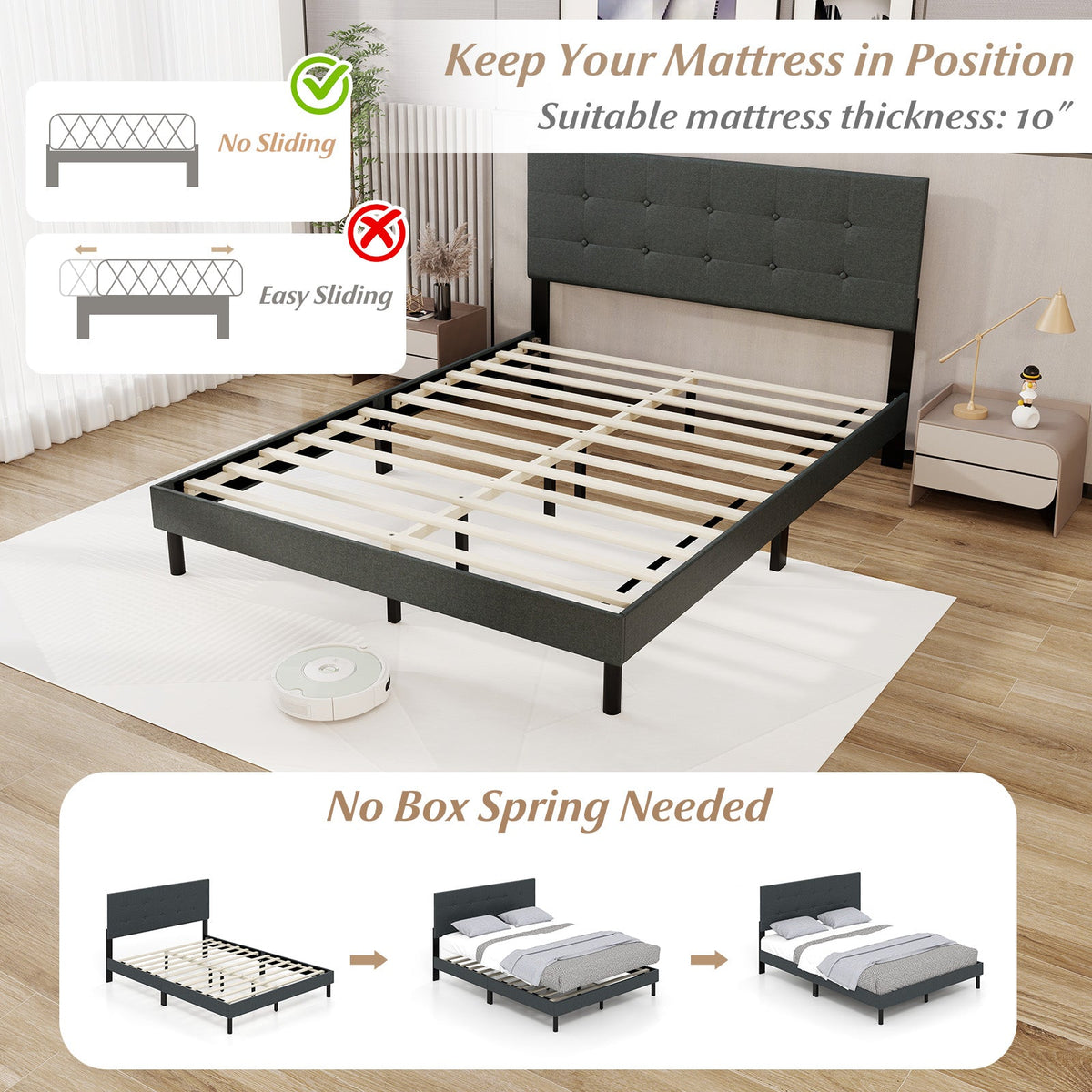 Queen Upholstered Linen Platform Bed – Dark Gray