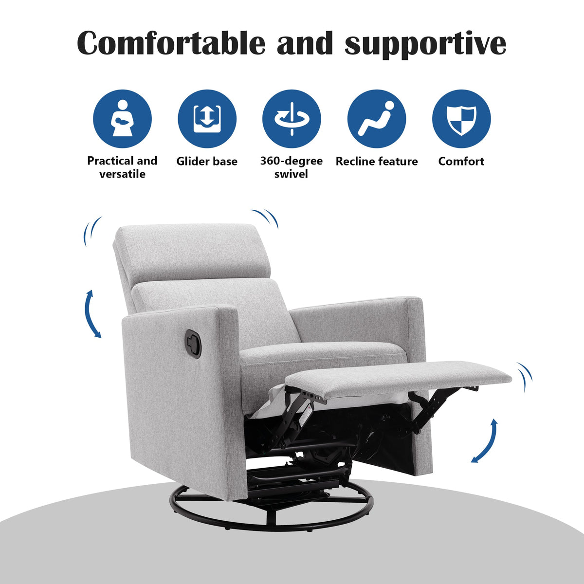 Modern Upholstered Swivel Glider Rocker Recliner – Gray