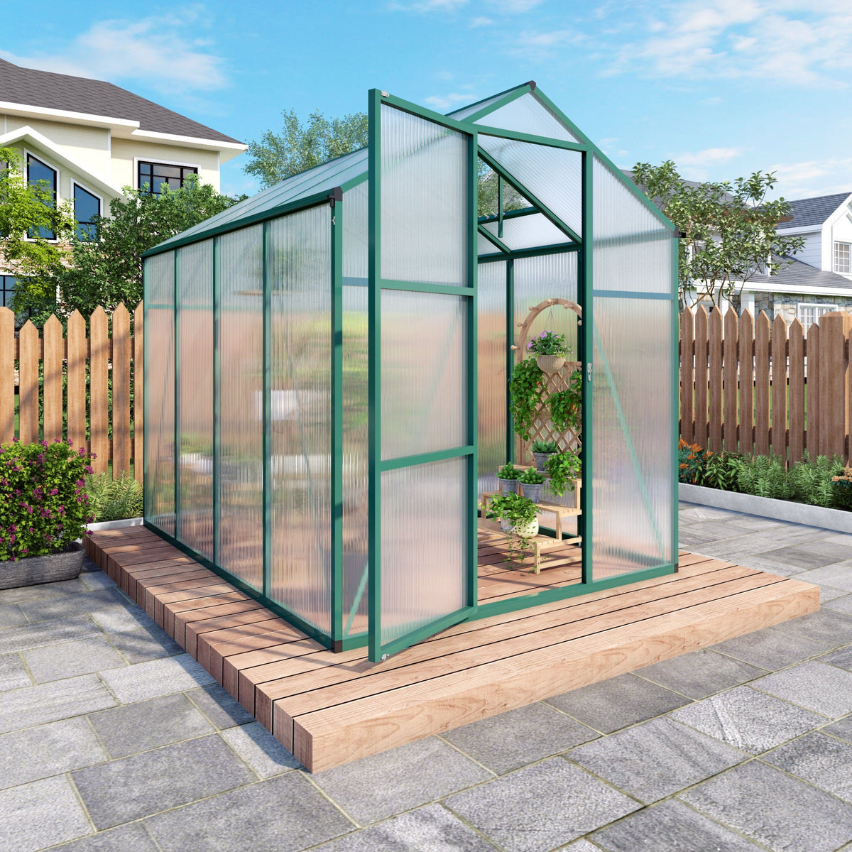 Walk-In Polycarbonate Greenhouse with Raised Base – Green