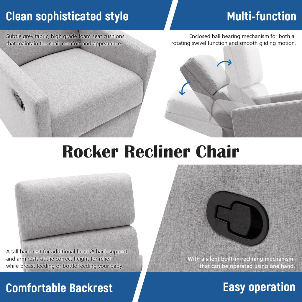 Modern Upholstered Swivel Glider Rocker Recliner – Gray