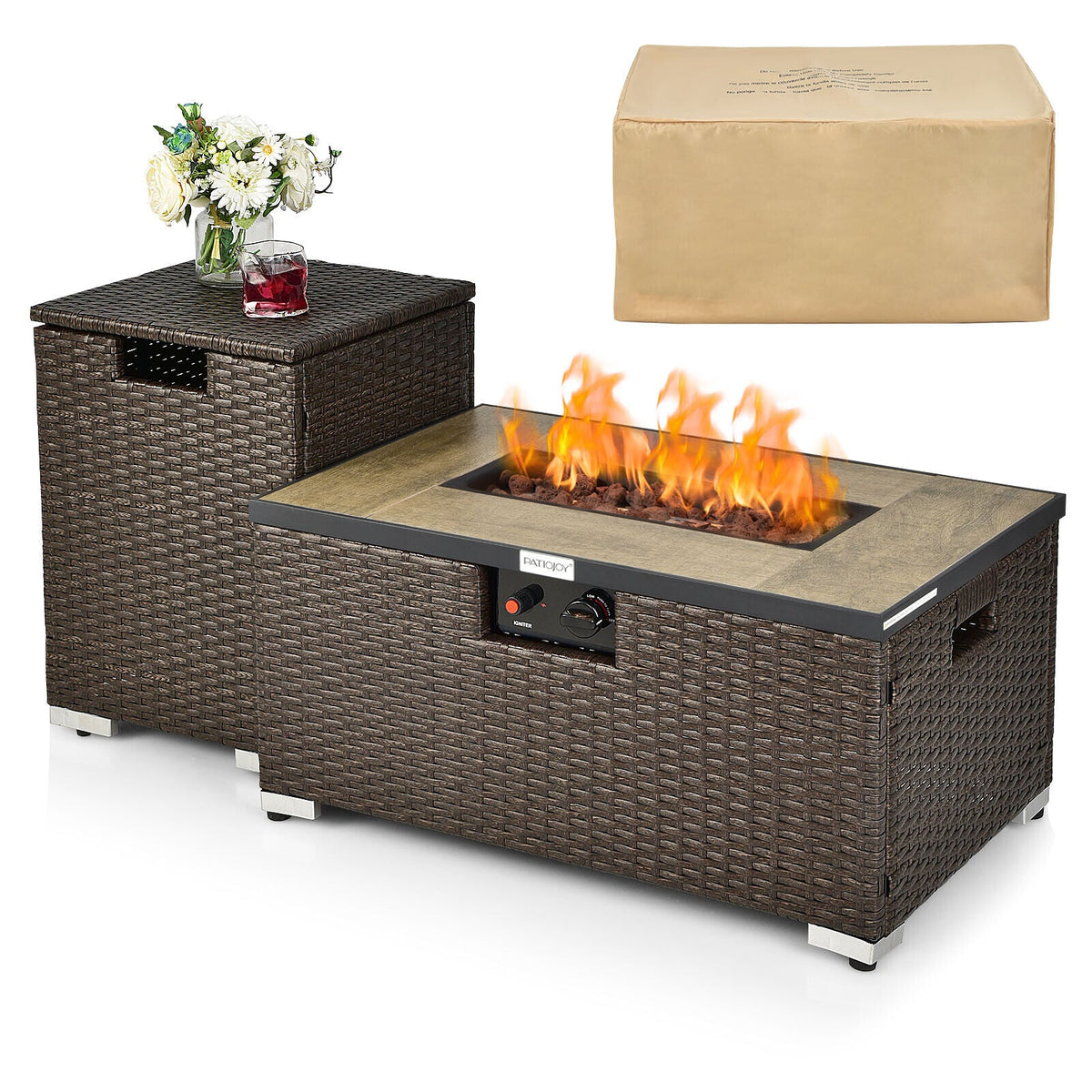 Propane Rattan Fire Pit Table Set with Side Table