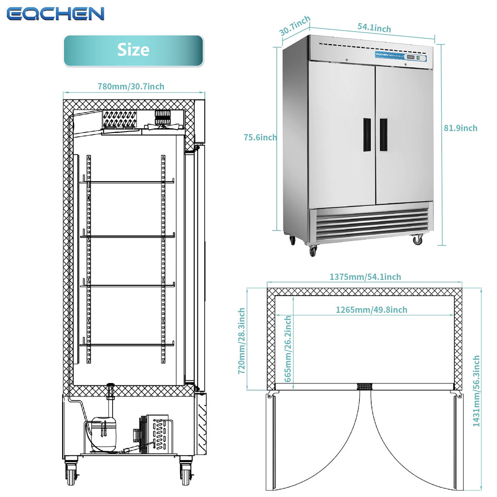 EQCHEN 49 Cu. Ft. Two-Door Commercial Reach-In Refrigerator