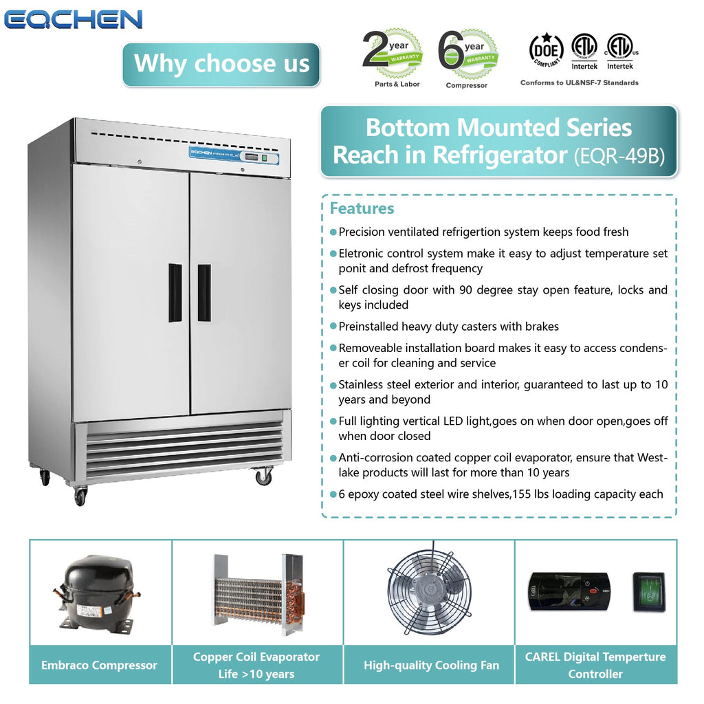 EQCHEN 49 Cu. Ft. Two-Door Commercial Reach-In Refrigerator