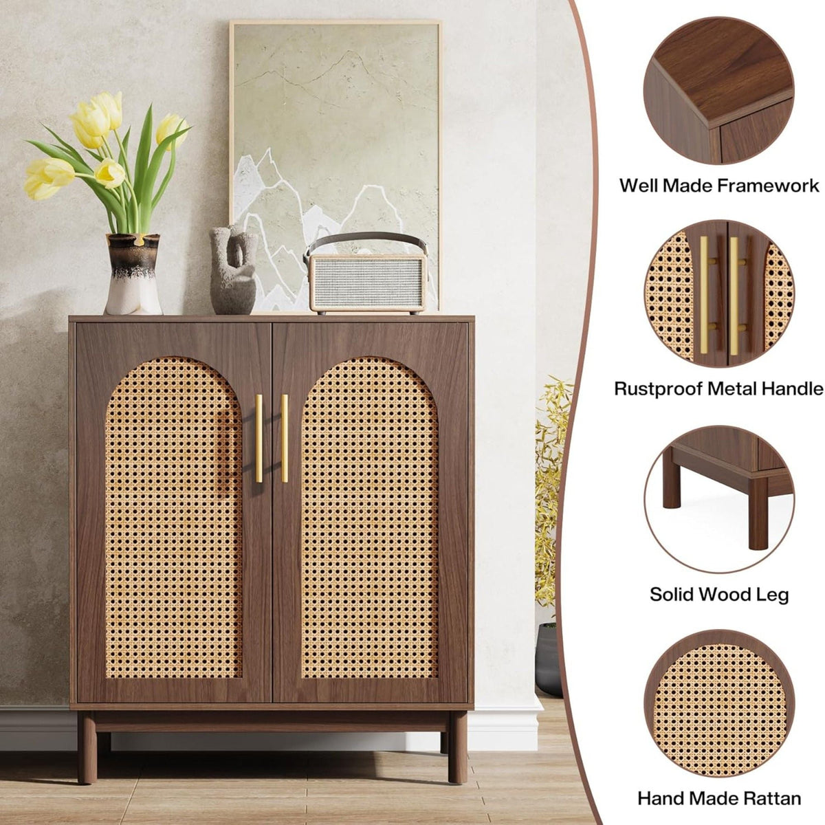 Rattan-Door Sideboard Buffet Cabinets – Set of 2