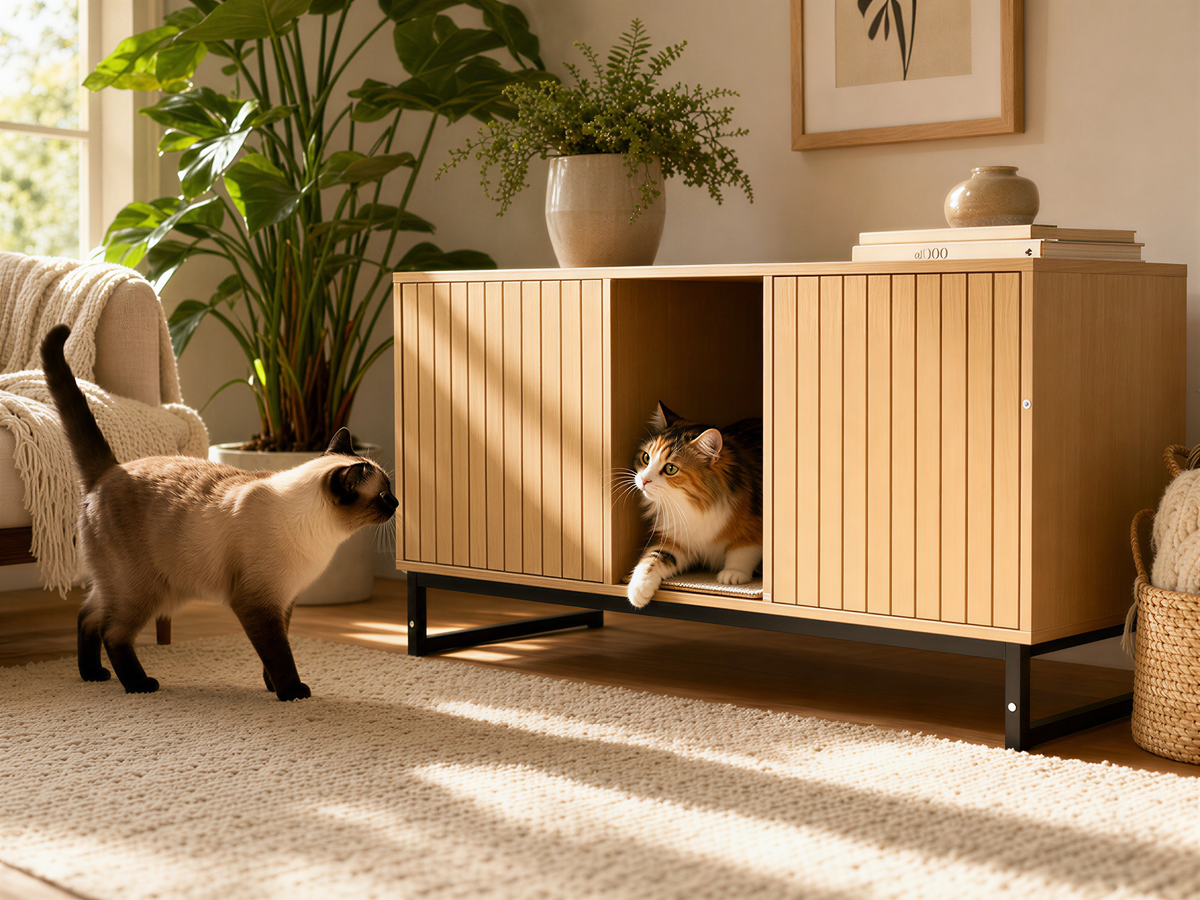 Modern Wooden Cat House with Scratching Mat - Light Wood & Black