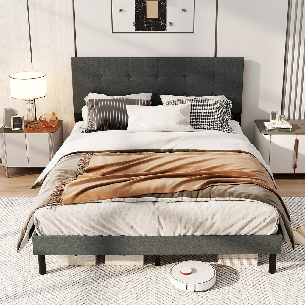 Queen Upholstered Linen Platform Bed – Dark Gray