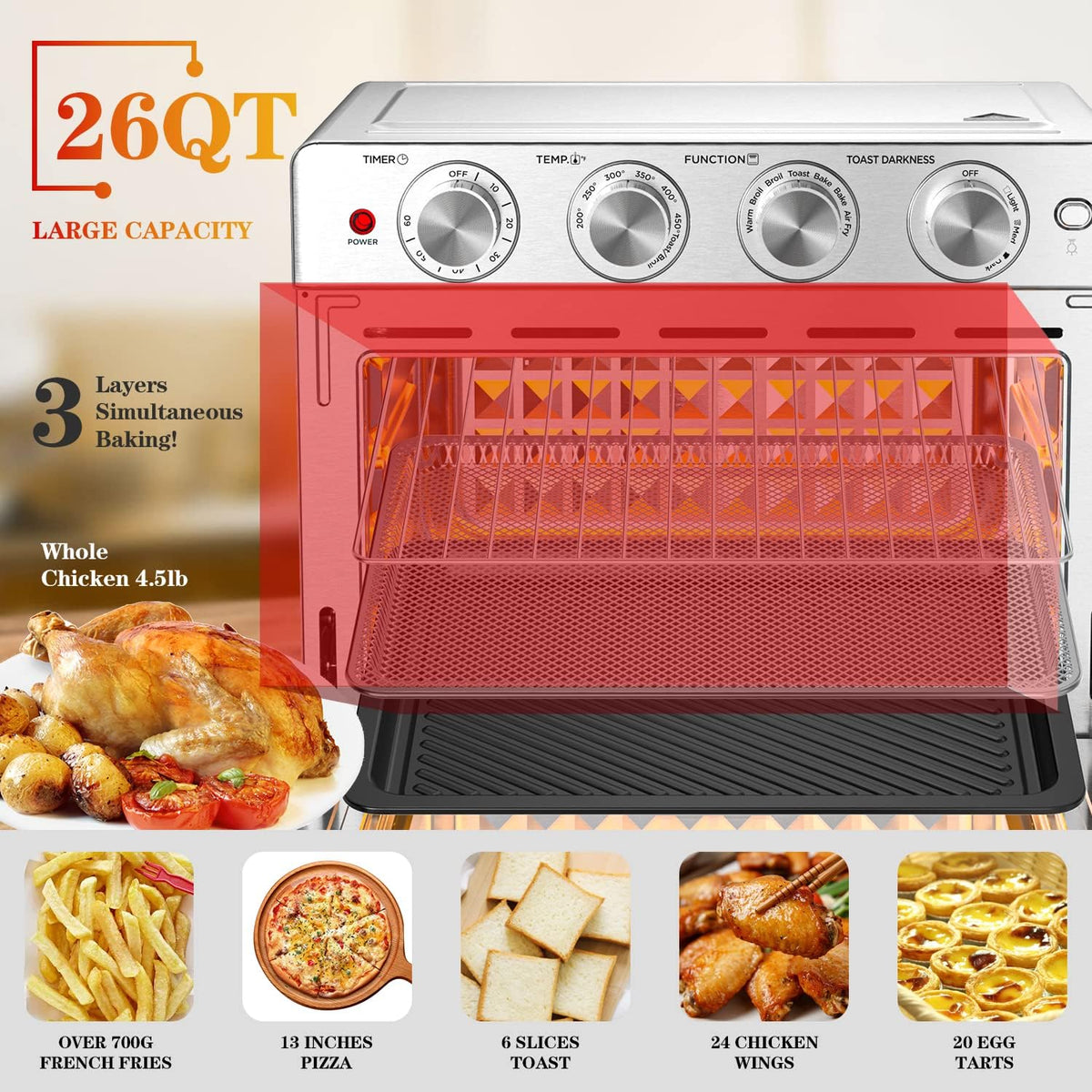 26QT Stainless Steel Air Fryer Toaster Oven