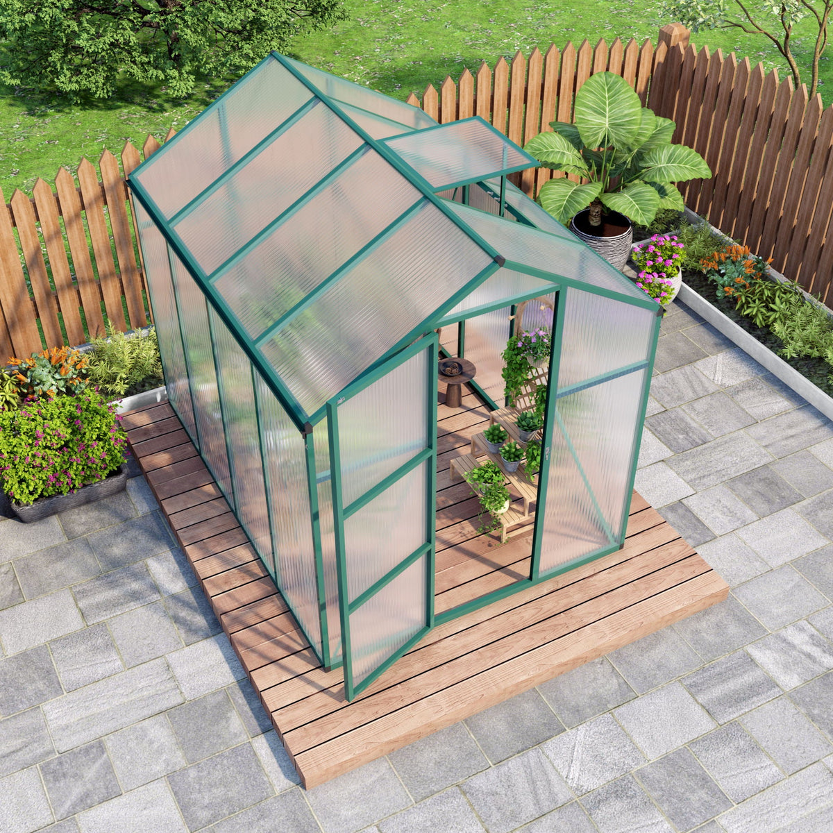 Walk-In Polycarbonate Greenhouse with Raised Base – Green