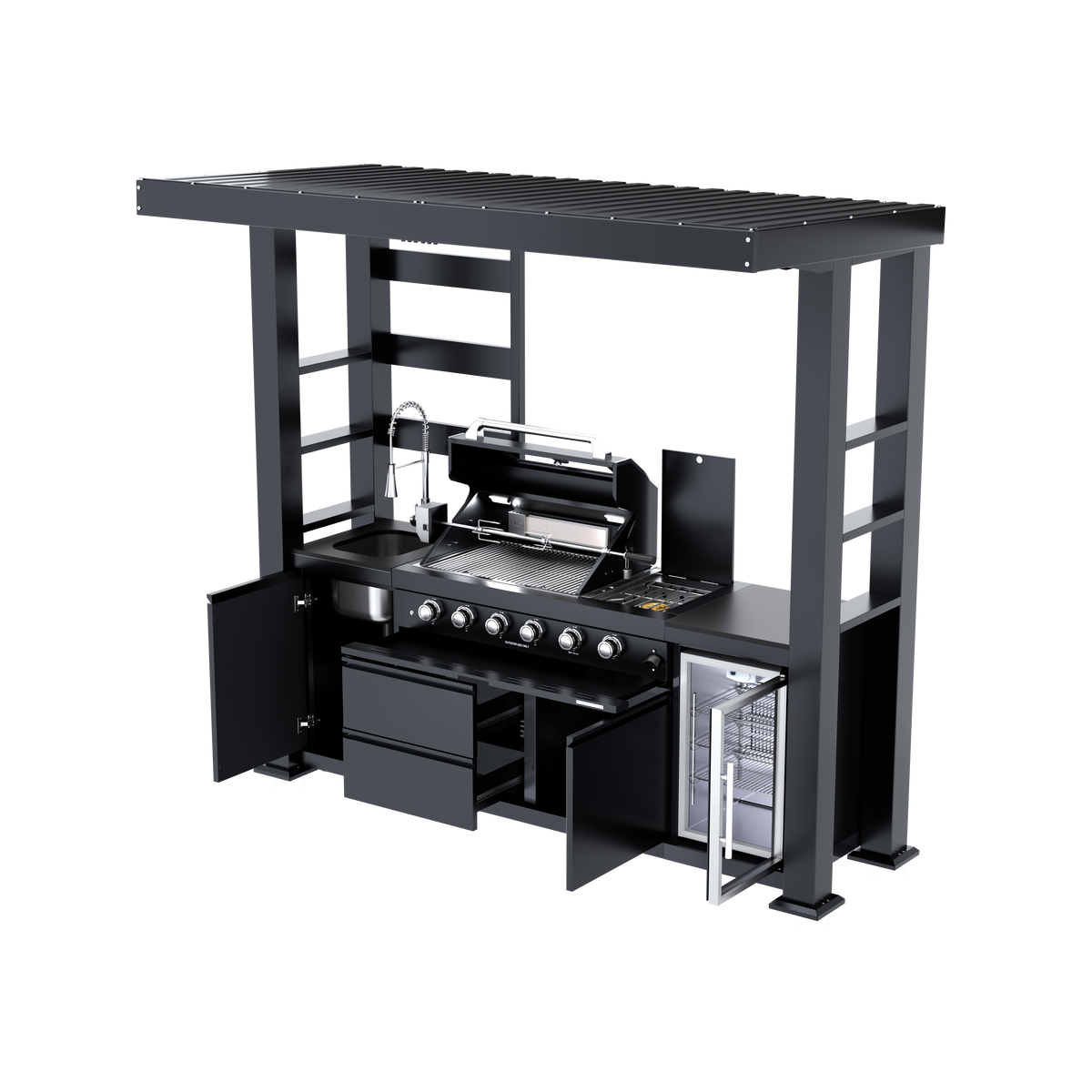 97-Inch Stainless Steel Outdoor Kitchen Grill with Granite Countertops
