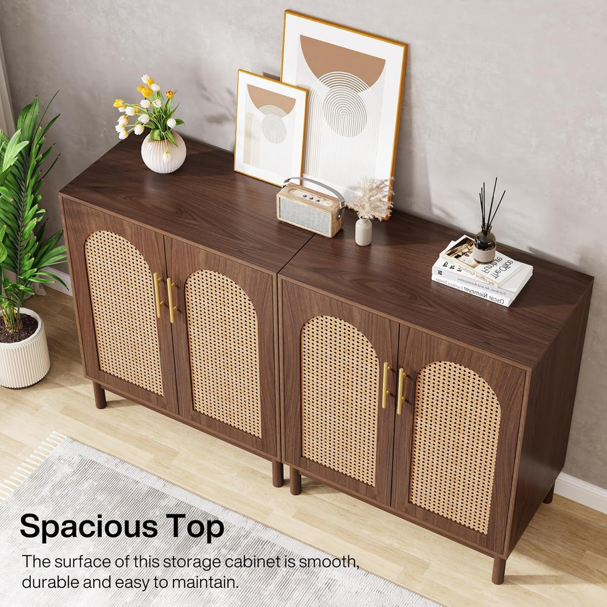 Rattan-Door Sideboard Buffet Cabinets – Set of 2
