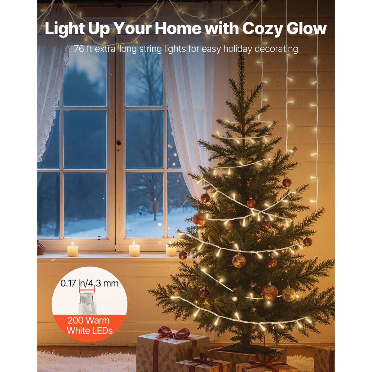 LED Christmas String Lights with 200 LEDs - Warm White - 76 Ft