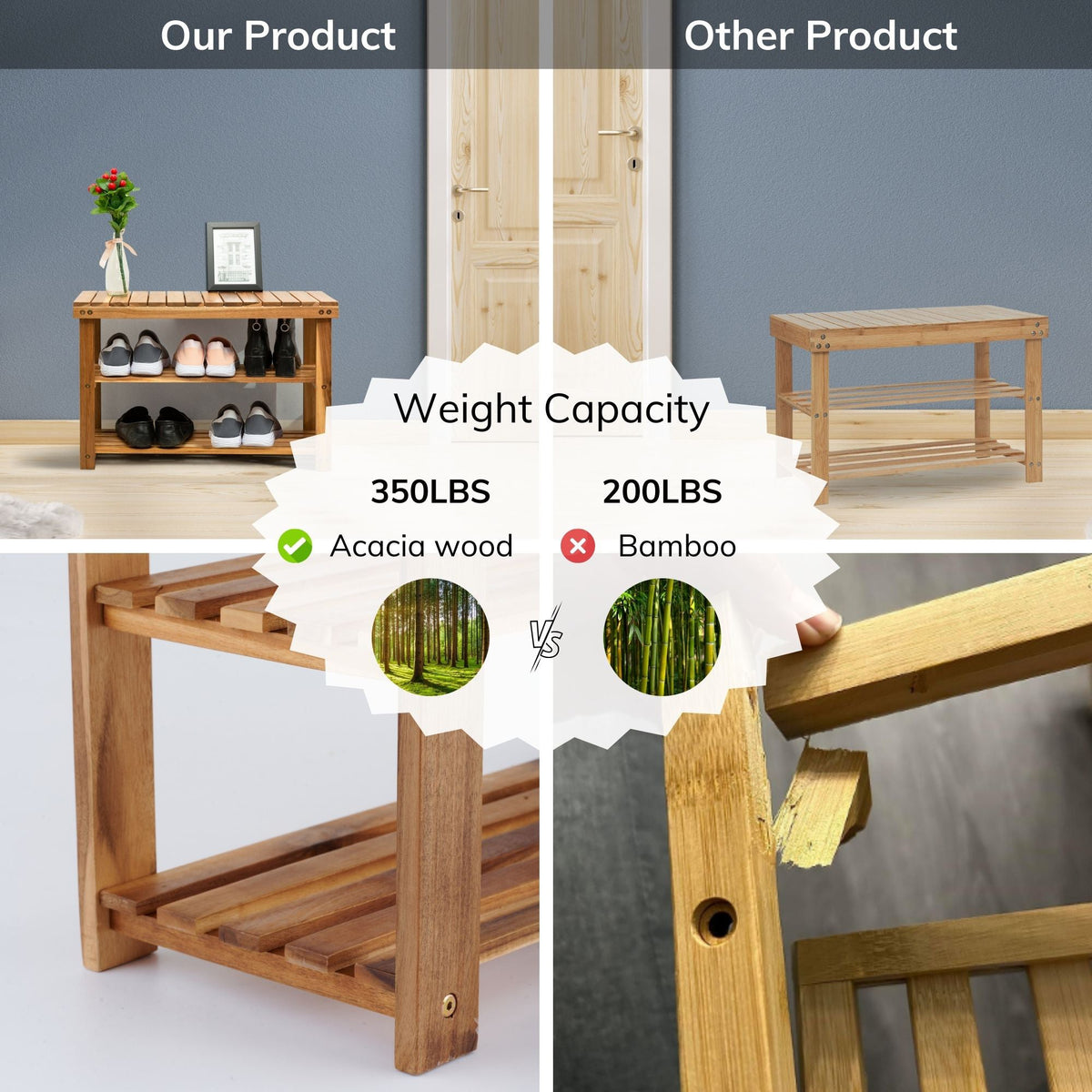 Acacia Wood Entryway Shoe Bench