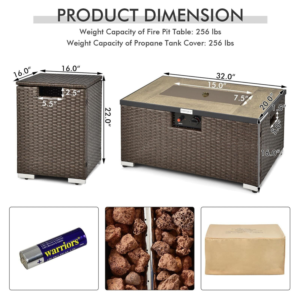 Propane Rattan Fire Pit Table Set with Side Table