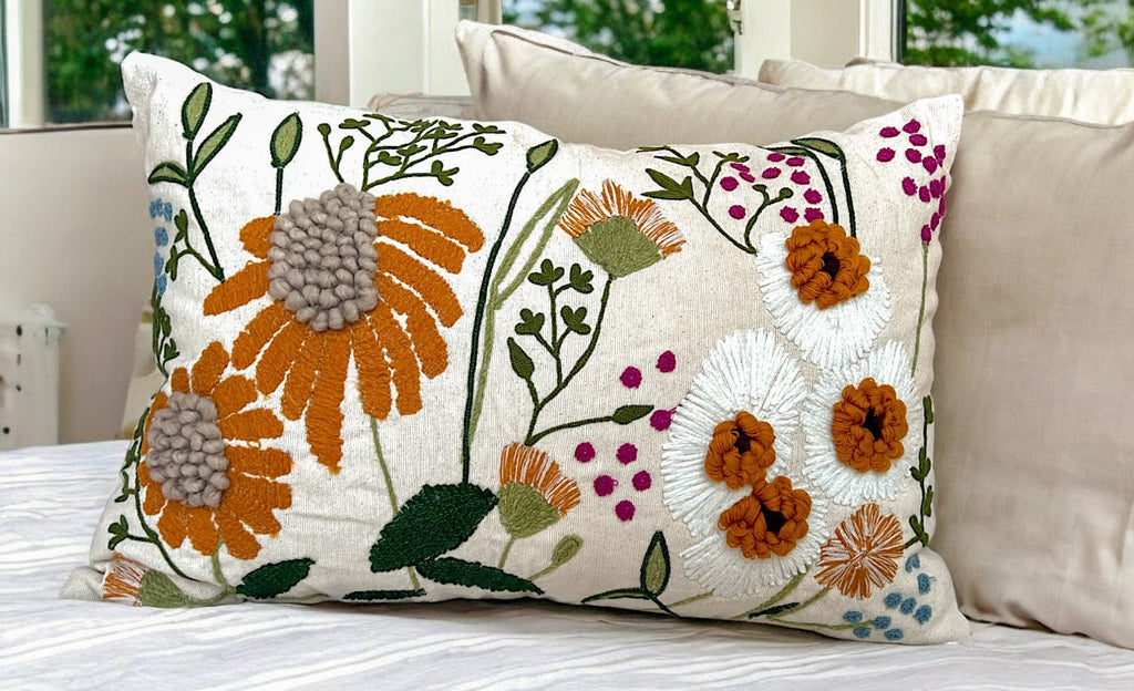 Embroidered Floral Lumbar Pillow Cover – 16" x 24"