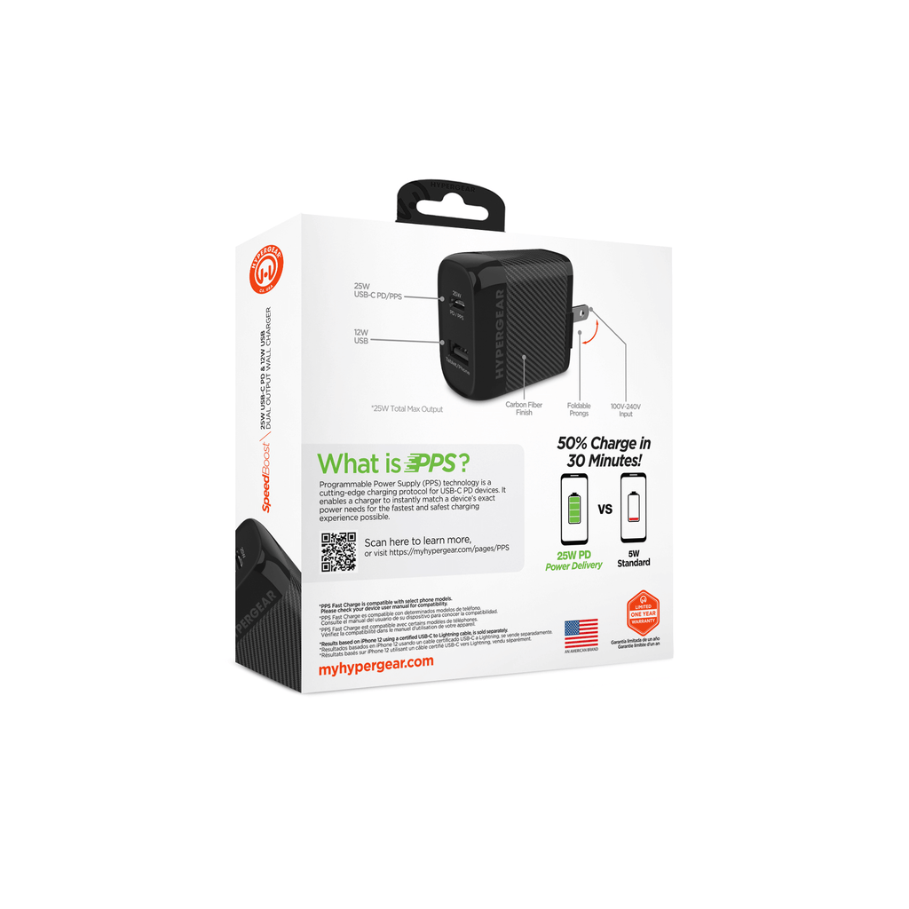HyperGear SpeedBoost 25W USB-C + 12W USB Fast Wall Charger