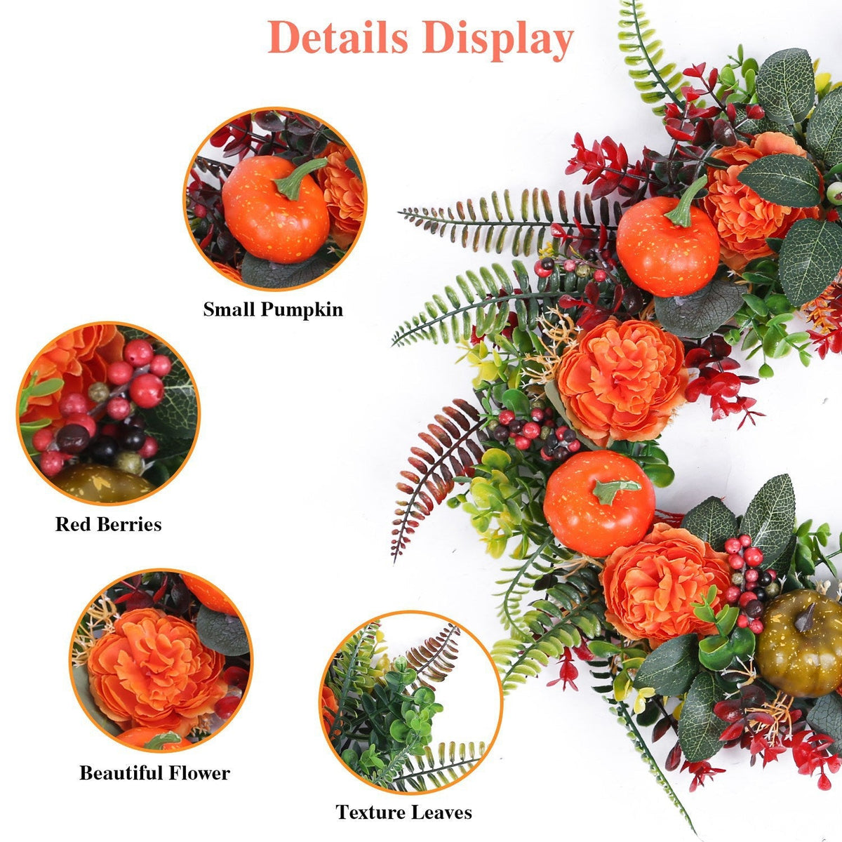 17.71IN Autumn Wreath with Pumpkin Mixed Leaves Berries Flowers Fall Decoration for Indoor Outdoor Window Wall Front Door in Halloween Thanks Giving D