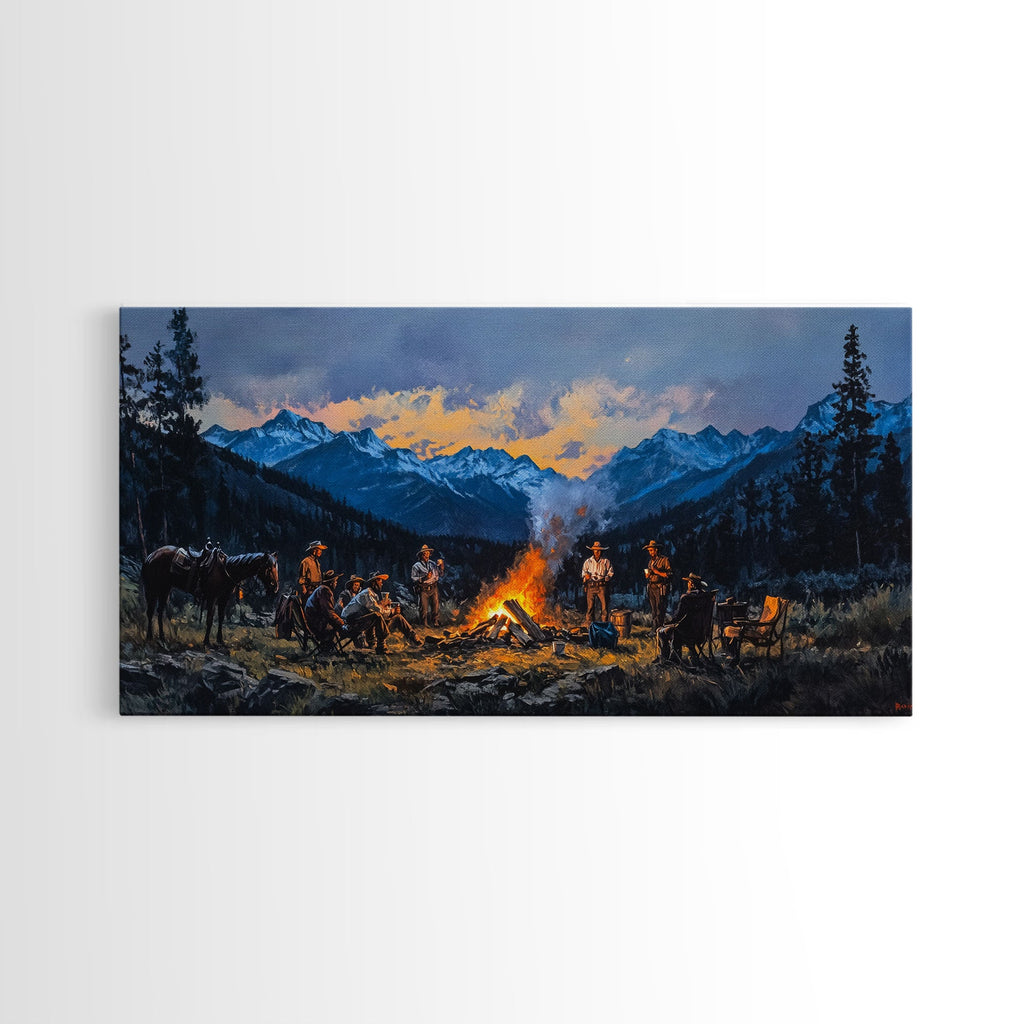 Western Cowboys Campfire Framed Canvas Wall Art