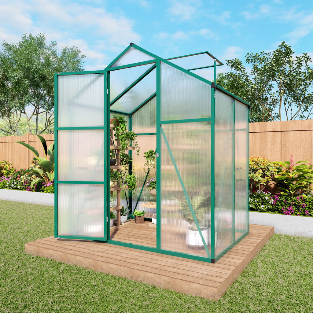 Walk-In Polycarbonate Greenhouse with Raised Base – Green