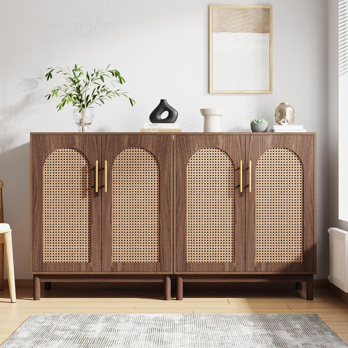 Rattan-Door Sideboard Buffet Cabinets – Set of 2