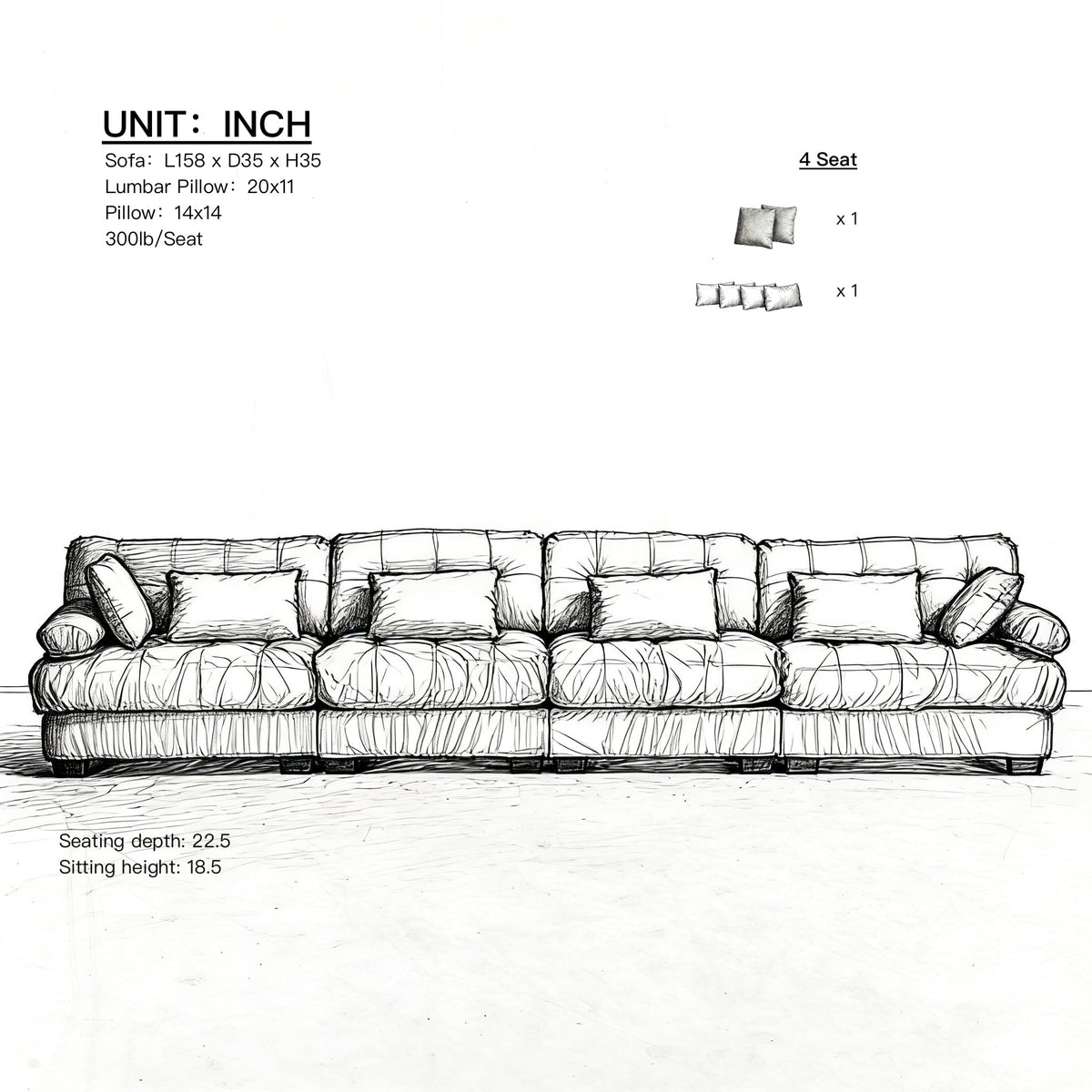 158-Inch Deep-Seat Modular Cloud Sectional Sofa