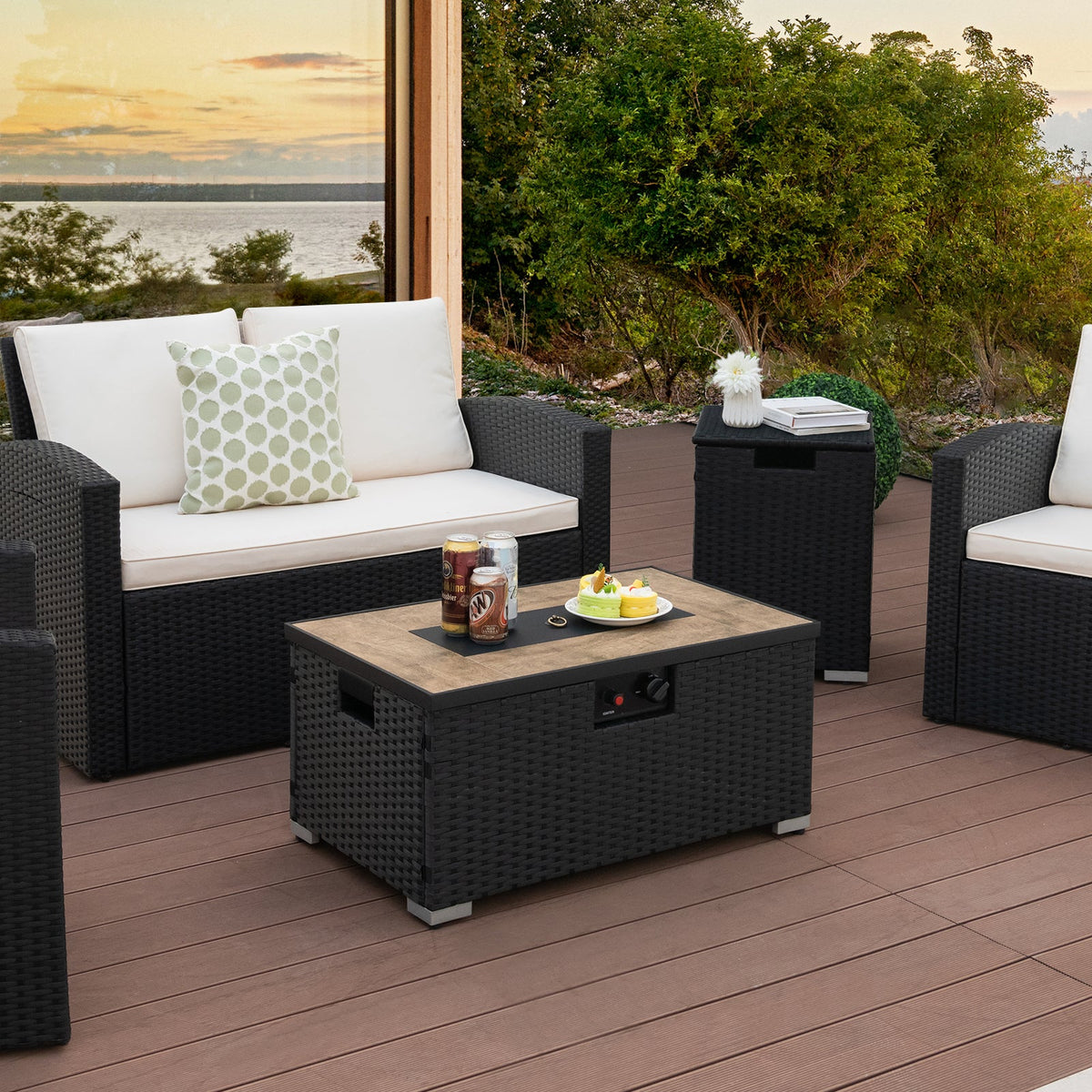Propane Rattan Fire Pit Table Set with Side Table