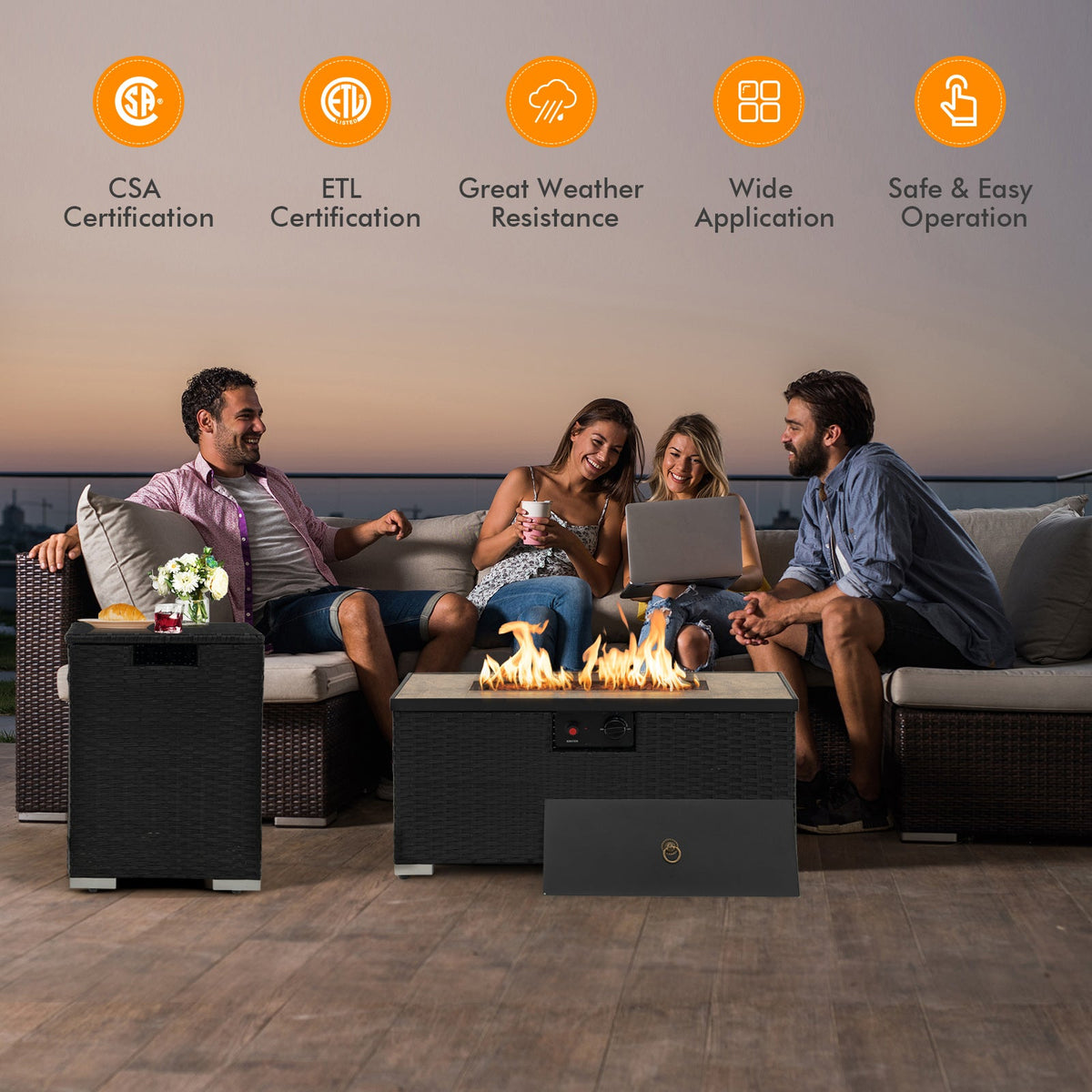 Propane Rattan Fire Pit Table Set with Side Table